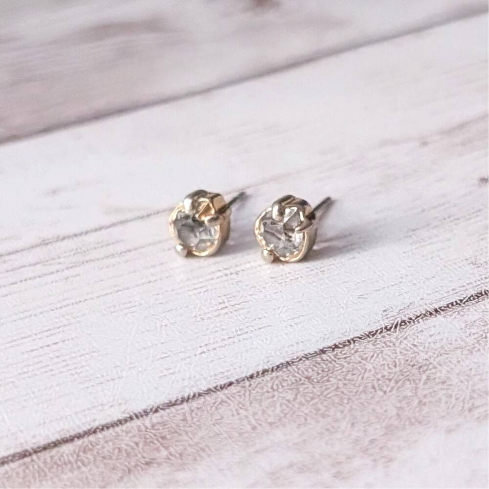 Vintage Stud Earrings 0.25" Gold Tone, Clear Gem, Unusual Shape